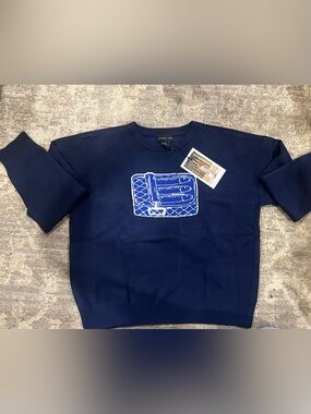 Sincerly Jules Navy Crewneck Sweater with Blue and White Graphic Patch